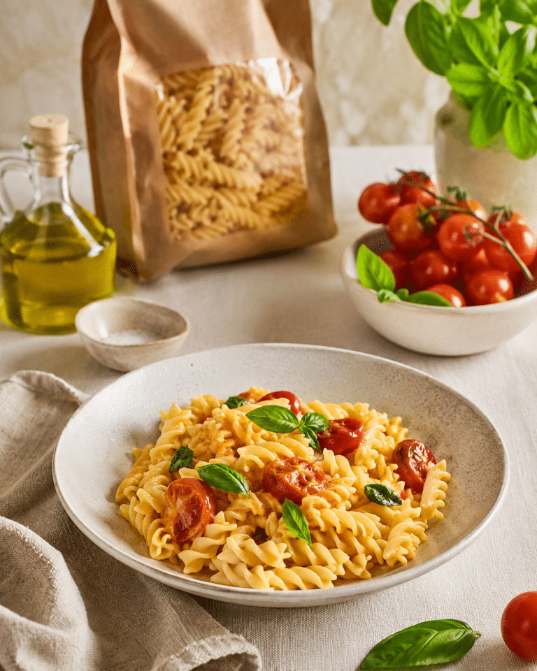 Pasta sin gluten italiana servida en plato claro con ingredientes mediterráneos.