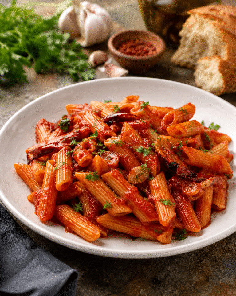 Penne sin gluten all’arrabbiata con salsa de tomate, ajo y guindilla.