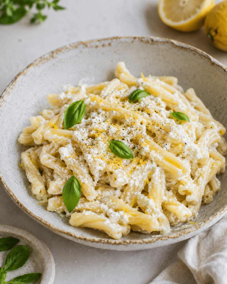 Pasta sin gluten con crema de ricotta, limón y pimienta negra.