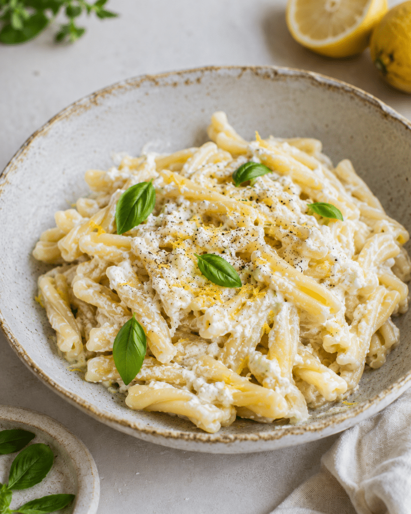 Pasta sin gluten con crema de ricotta, limón y pimienta negra.