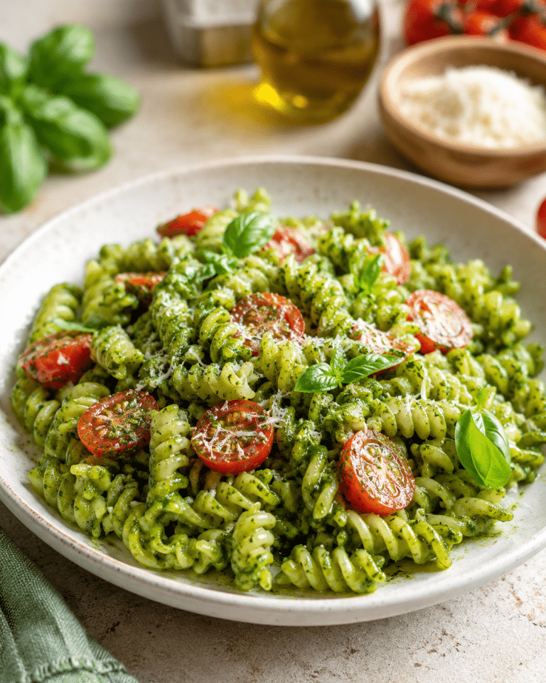 Pasta sin gluten con pesto genovés, tomates cherry y albahaca fresca.