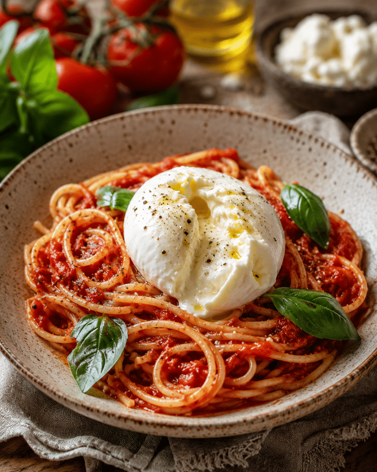 Spaghetti sin gluten con salsa de tomate, burrata y albahaca.