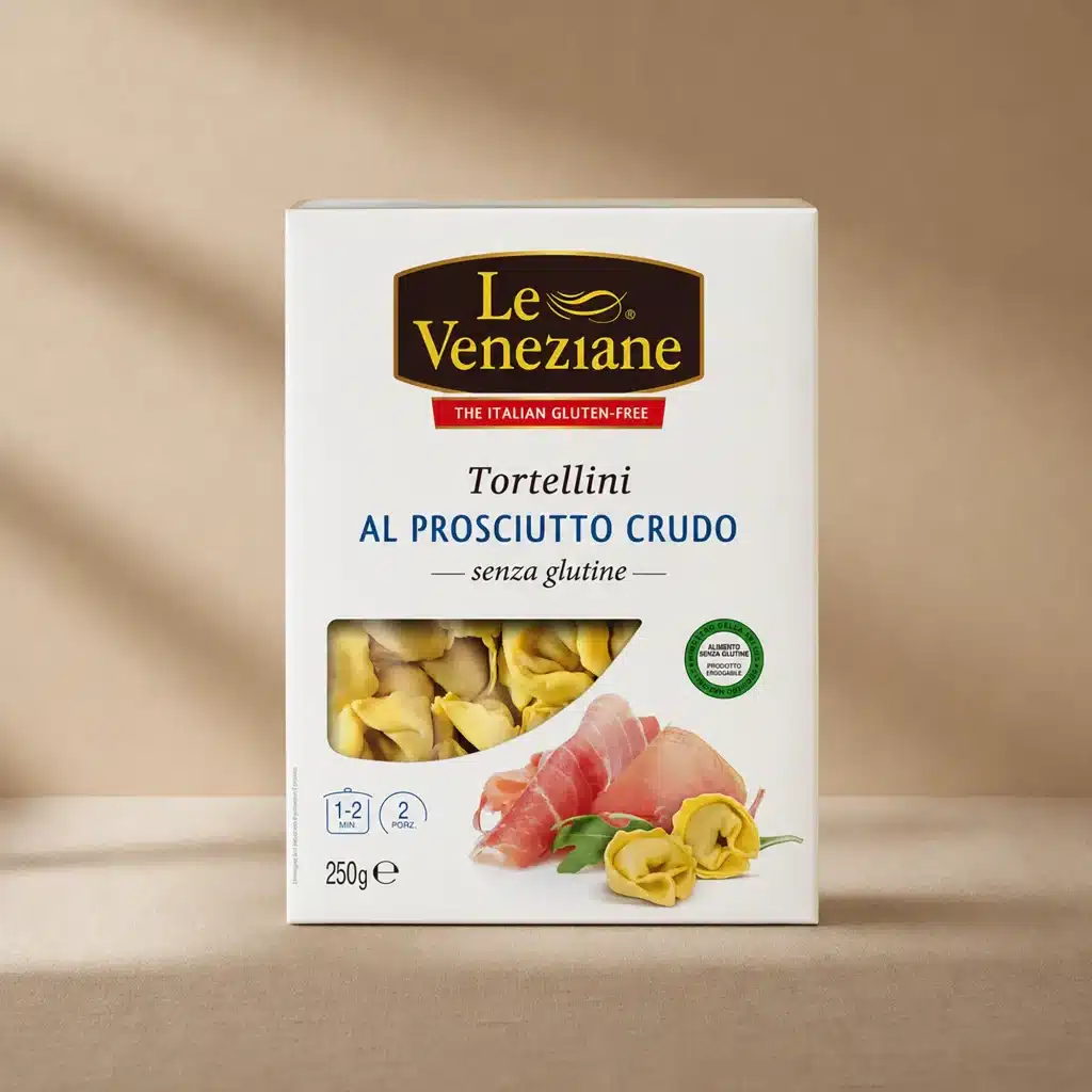 Tortellini sin gluten rellenos de prosciutto crudo, elaborados con harina de maíz y arroz.