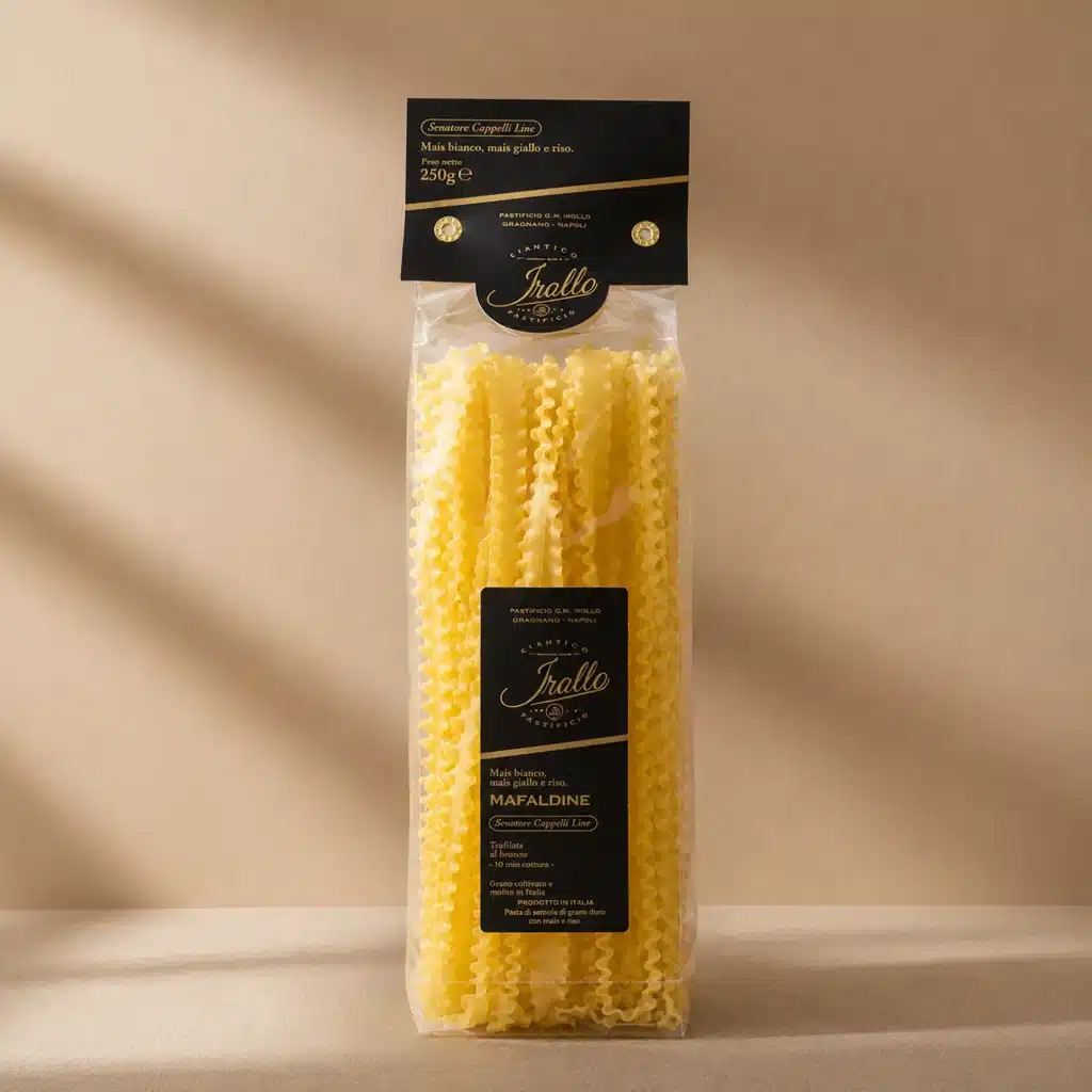 Los mafaldine son una forma especial de pasta larga que se presentan como tagliatelle más grandes y con el borde lateral rizado para capturar bien la salsa.