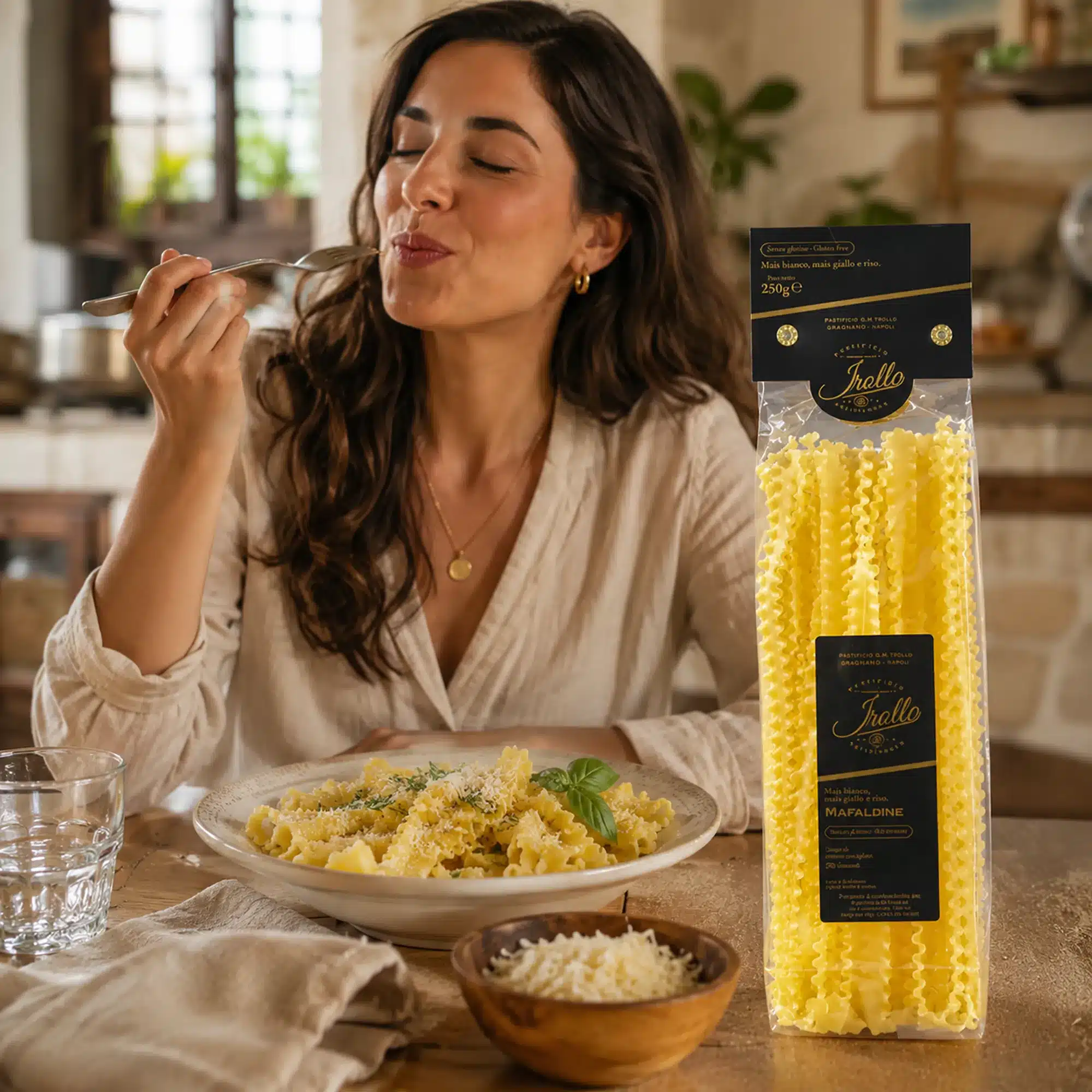 Los mafaldine son una forma especial de pasta larga que se presentan como tagliatelle más grandes y con el borde lateral rizado para capturar bien la salsa.
