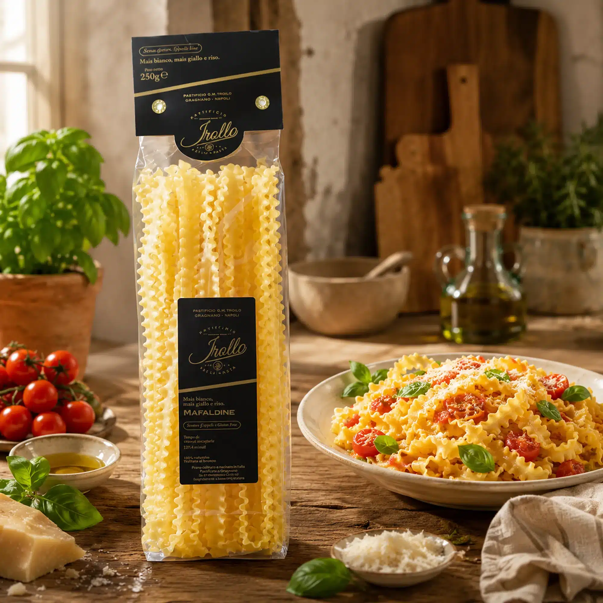 Los mafaldine son una forma especial de pasta larga que se presentan como tagliatelle más grandes y con el borde lateral rizado para capturar bien la salsa.