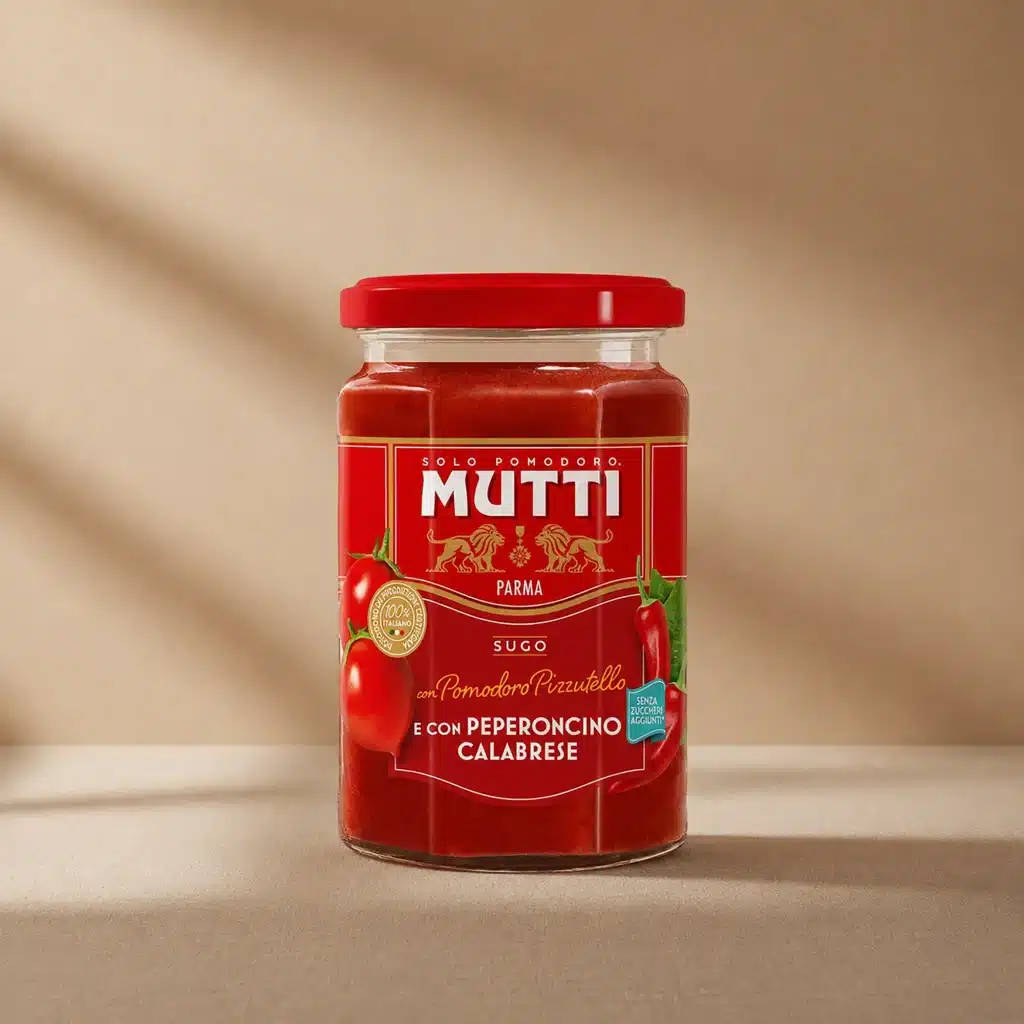 Salsa de tomate Pizzutello con guindilla calabresa Mutti, sin azúcares añadidos y con tomate 100% italiano